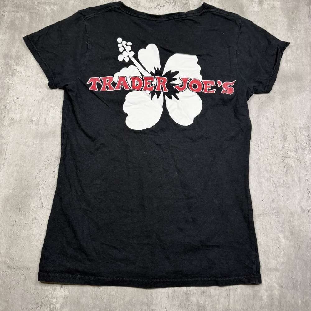 Trader Joe's T Shirt Womens Small Black Hibiscus Logo Crew Merch Short Sleeve